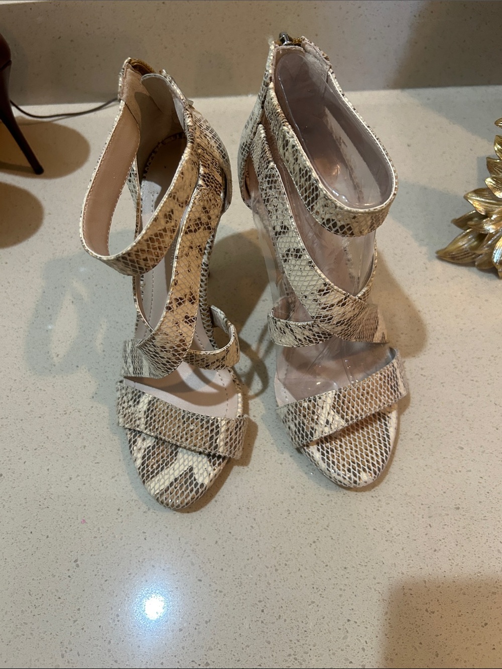 BCBGMaxAzria Snake-Print Strappy High Heels in Beige